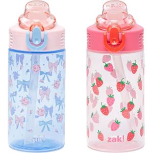 Zak Designs Bluey Kids Water Bottle Durable Plastic Spout Cover and Built-in Carrying Loop, Leak-Proof Water Design for Travel, (16oz, 2pc Set), 2pk(Berry and Bows)