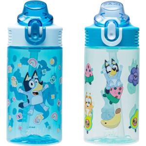 Zak Designs Bluey Kids Water Bottle Durable Plastic Spout Cover and Built-in Carrying Loop, Leak-Proof Water Design for Travel, (16oz, 2pc Set), 2pk(Bluey & Bingo)
