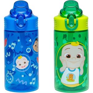 Zak Designs Bluey Kids Water Bottle Durable Plastic Spout Cover and Built-in Carrying Loop, Leak-Proof Water Design for Travel, (16oz, 2pc Set), 2pk(CoComelon (JJ & Cody))