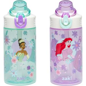 Zak Designs Bluey Kids Water Bottle Durable Plastic Spout Cover and Built-in Carrying Loop, Leak-Proof Water Design for Travel, (16oz, 2pc Set), 2pk(Disney Princess (Ariel  Cinderella  Jasmine  Moana  Rapunzel  Tiana))