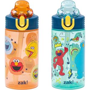 Zak Designs Bluey Kids Water Bottle Durable Plastic Spout Cover and Built-in Carrying Loop, Leak-Proof Water Design for Travel, (16oz, 2pc Set), 2pk(Elmo & Friends)