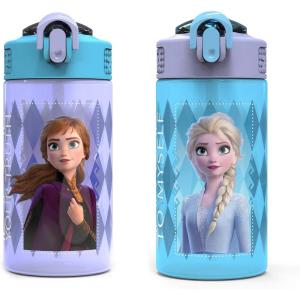Zak Designs Bluey Kids Water Bottle Durable Plastic Spout Cover and Built-in Carrying Loop, Leak-Proof Water Design for Travel, (16oz, 2pc Set), 2pk(Elsa & Anna (Frozen 2))