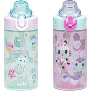 Zak Designs Bluey Kids Water Bottle Durable Plastic Spout Cover and Built-in Carrying Loop, Leak-Proof Water Design for Travel, (16oz, 2pc Set), 2pk(Gabby’s Dollhouse (The Gabby Cats))