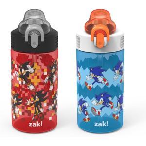 Zak Designs Bluey Kids Water Bottle Durable Plastic Spout Cover and Built-in Carrying Loop, Leak-Proof Water Design for Travel, (16oz, 2pc Set), 2pk(Sonic & Shadow)