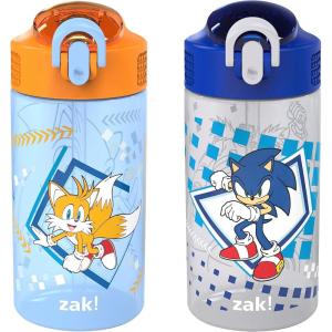 Zak Designs Bluey Kids Water Bottle Durable Plastic Spout Cover and Built-in Carrying Loop, Leak-Proof Water Design for Travel, (16oz, 2pc Set), 2pk(Sonic  Tails)