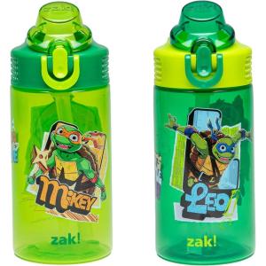 Zak Designs Bluey Kids Water Bottle Durable Plastic Spout Cover and Built-in Carrying Loop, Leak-Proof Water Design for Travel, (16oz, 2pc Set), 2pk(TMNT)