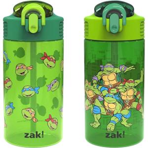 Zak Designs Bluey Kids Water Bottle Durable Plastic Spout Cover and Built-in Carrying Loop, Leak-Proof Water Design for Travel, (16oz, 2pc Set), 2pk(Teenage Mutant Ninja Turtles)