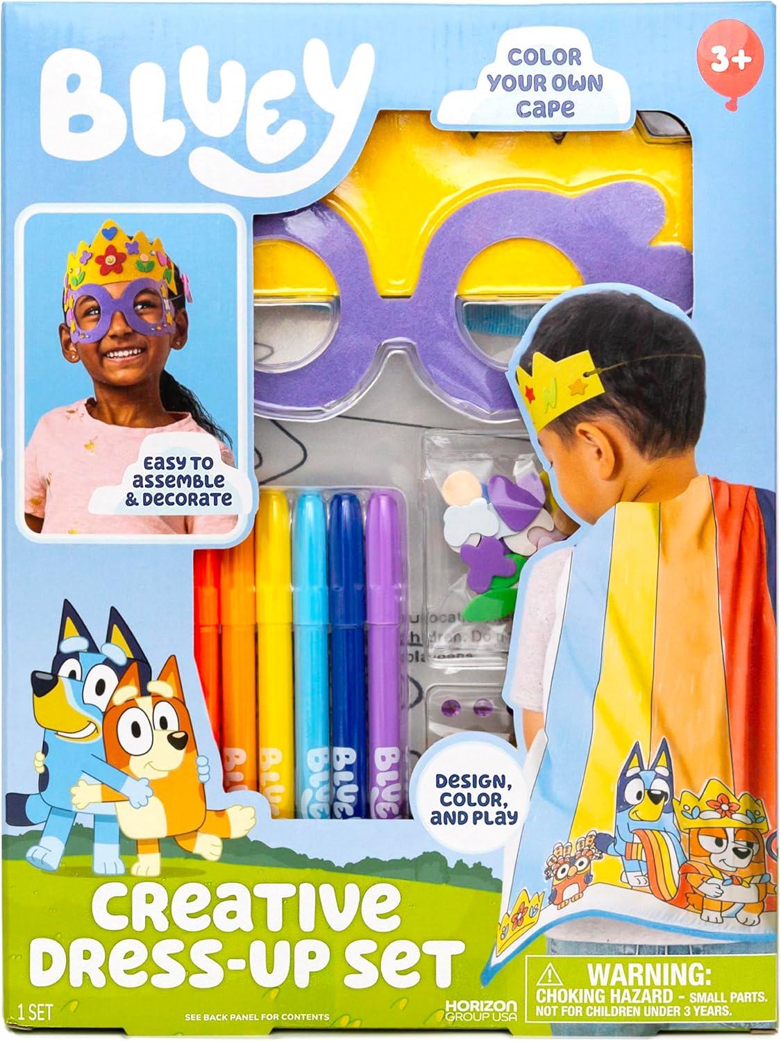 imageBluey Creative DressUp Set Includes Colorable Cape Felt Crown amp Play Mask Foam Stickers Coloring Markers and Gems Bluey Toys Toddler Activities Dress Up Costumes for Kids Fun Family Toy