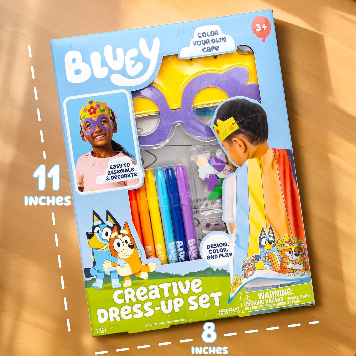 imageBluey Creative DressUp Set Includes Colorable Cape Felt Crown amp Play Mask Foam Stickers Coloring Markers and Gems Bluey Toys Toddler Activities Dress Up Costumes for Kids Fun Family Toy