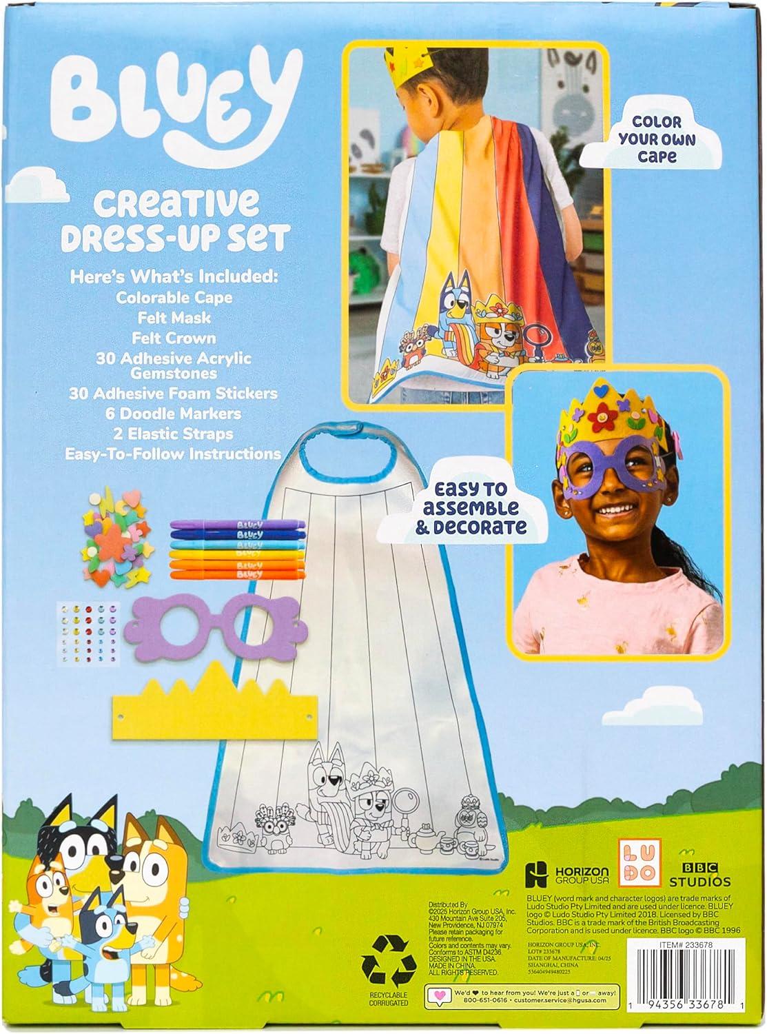 imageBluey Creative DressUp Set Includes Colorable Cape Felt Crown amp Play Mask Foam Stickers Coloring Markers and Gems Bluey Toys Toddler Activities Dress Up Costumes for Kids Fun Family Toy
