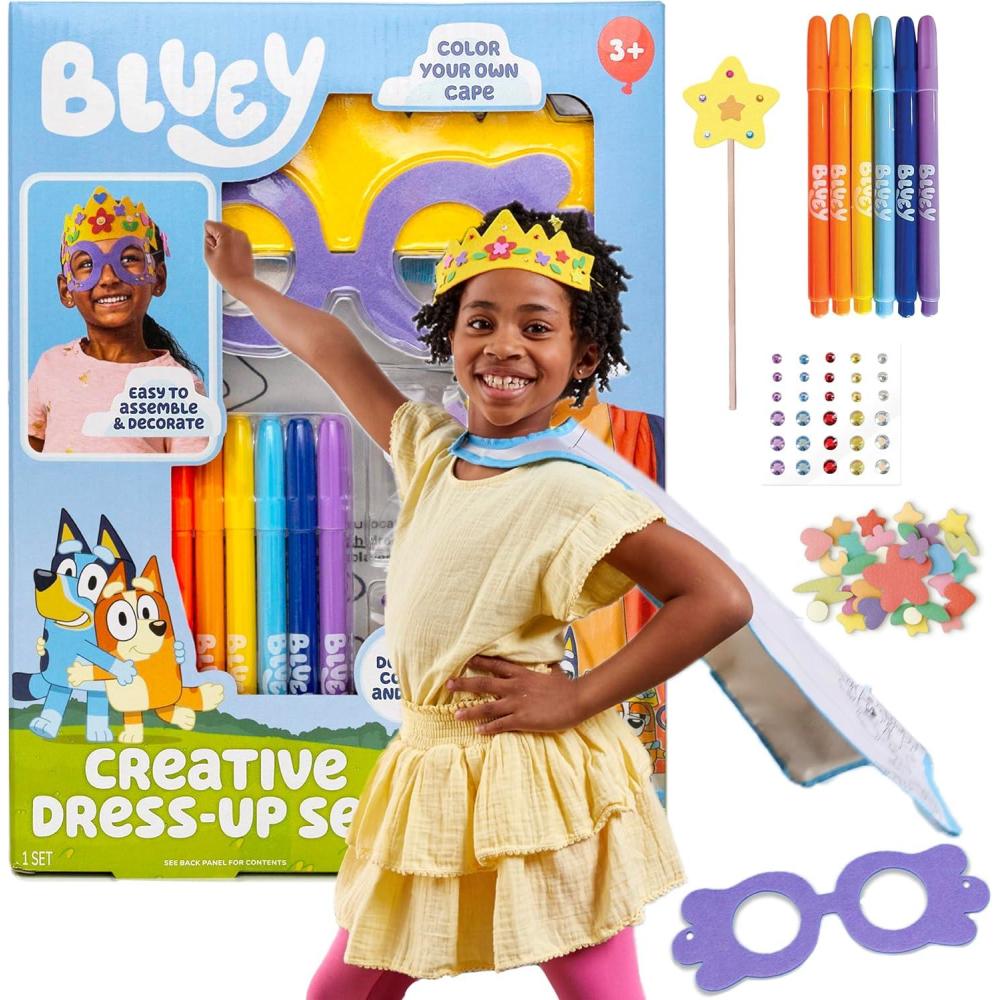 imageBluey Creative DressUp Set Includes Colorable Cape Felt Crown amp Play Mask Foam Stickers Coloring Markers and Gems Bluey Toys Toddler Activities Dress Up Costumes for Kids Fun Family Toy