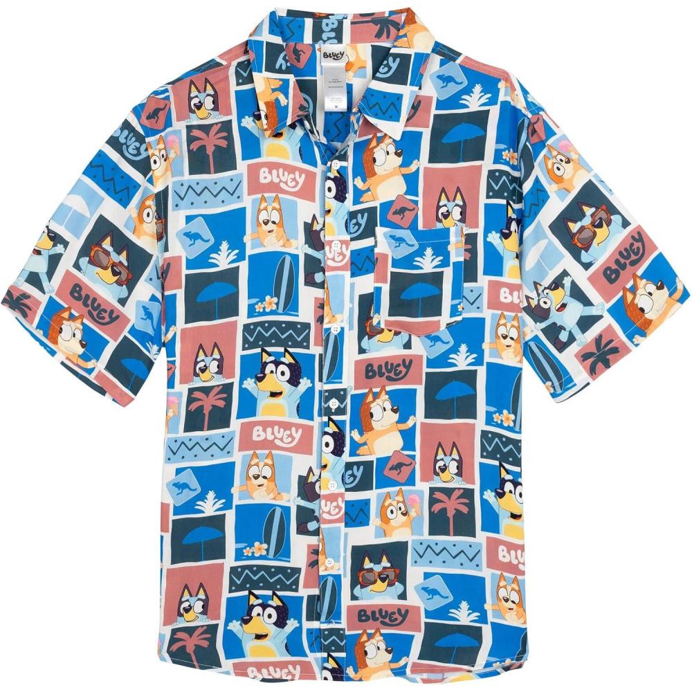 imageBluey Hawaiian Button Down Dress Shirt Toddler to Adult Sizes 2T 2XLBlue