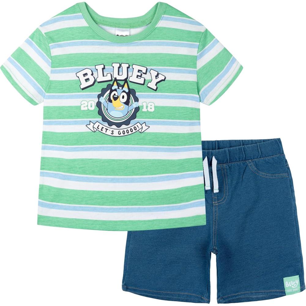 imageBluey TShirt and French Terry Denim Shorts Outfit Set Newborn to Little Kid Sizes 03 Months 5Green Blue