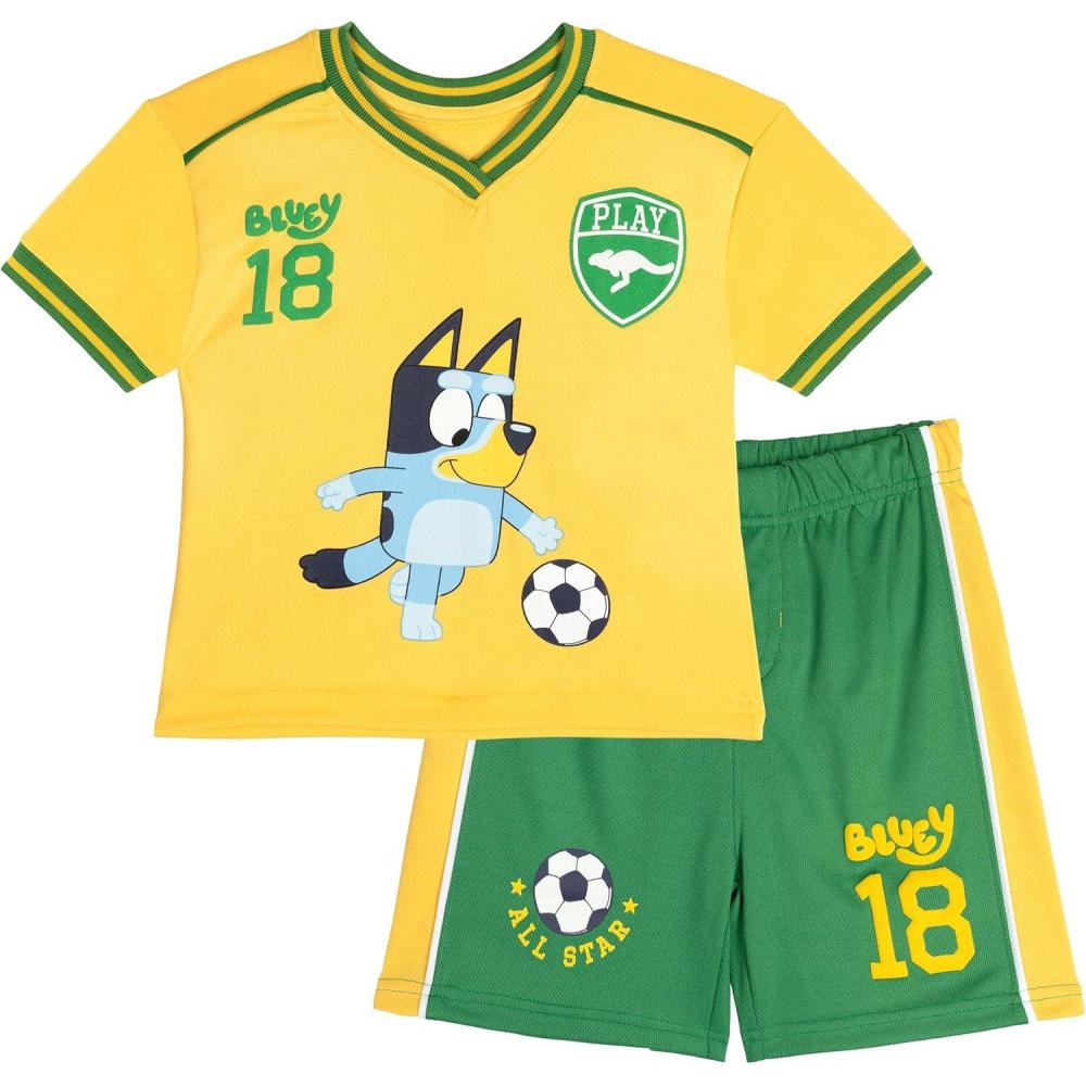imageBluey TShirt and Mesh Shorts Outfit Set Infant to Big Kid Sizes 12 Months 1012Yellow Green