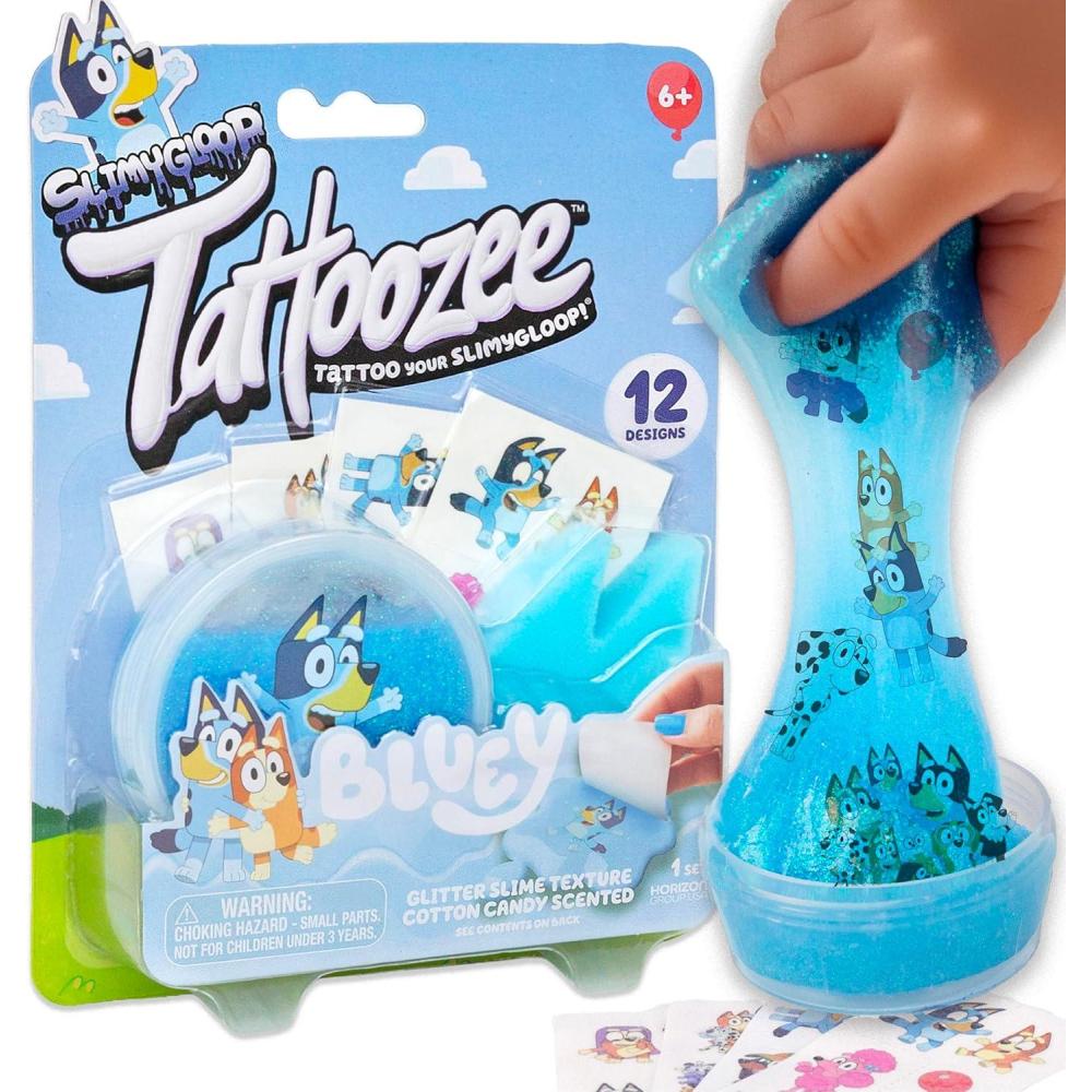 imageSLIMYGLOOP Tattoozee Bluey Tattoo Transfer Slime Kit Sensory Play for Kids Ages 6 Cotton Candy Scented Glitter TextureBluey