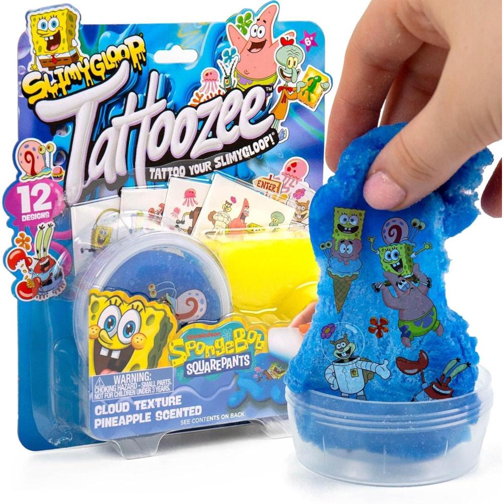 imageSLIMYGLOOP Tattoozee Bluey Tattoo Transfer Slime Kit Sensory Play for Kids Ages 6 Cotton Candy Scented Glitter TextureSpongebob Squarepants