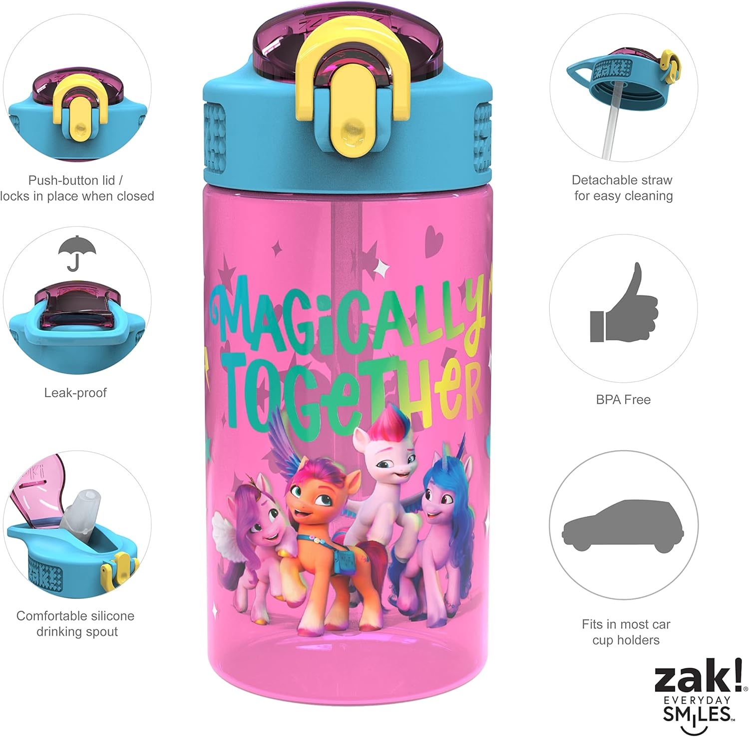 image:imageZak Designs Bluey Sage Kids Water Bottle For School or Travel 16oz Durable Plastic Water Bottle With Straw Handle and LeakProof PopUp Spout Cover 2Pack Set Bluey amp BingoMy Little Pony 2pk
