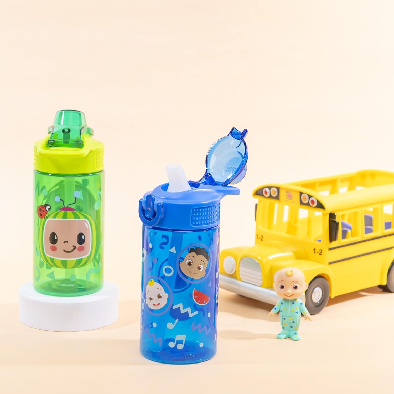 image:imageZak Designs Bluey Sage Kids Water Bottle For School or Travel 16oz Durable Plastic Water Bottle With Straw Handle and LeakProof PopUp Spout Cover 2Pack Set Bluey amp BingoCoComelon JJ Cody