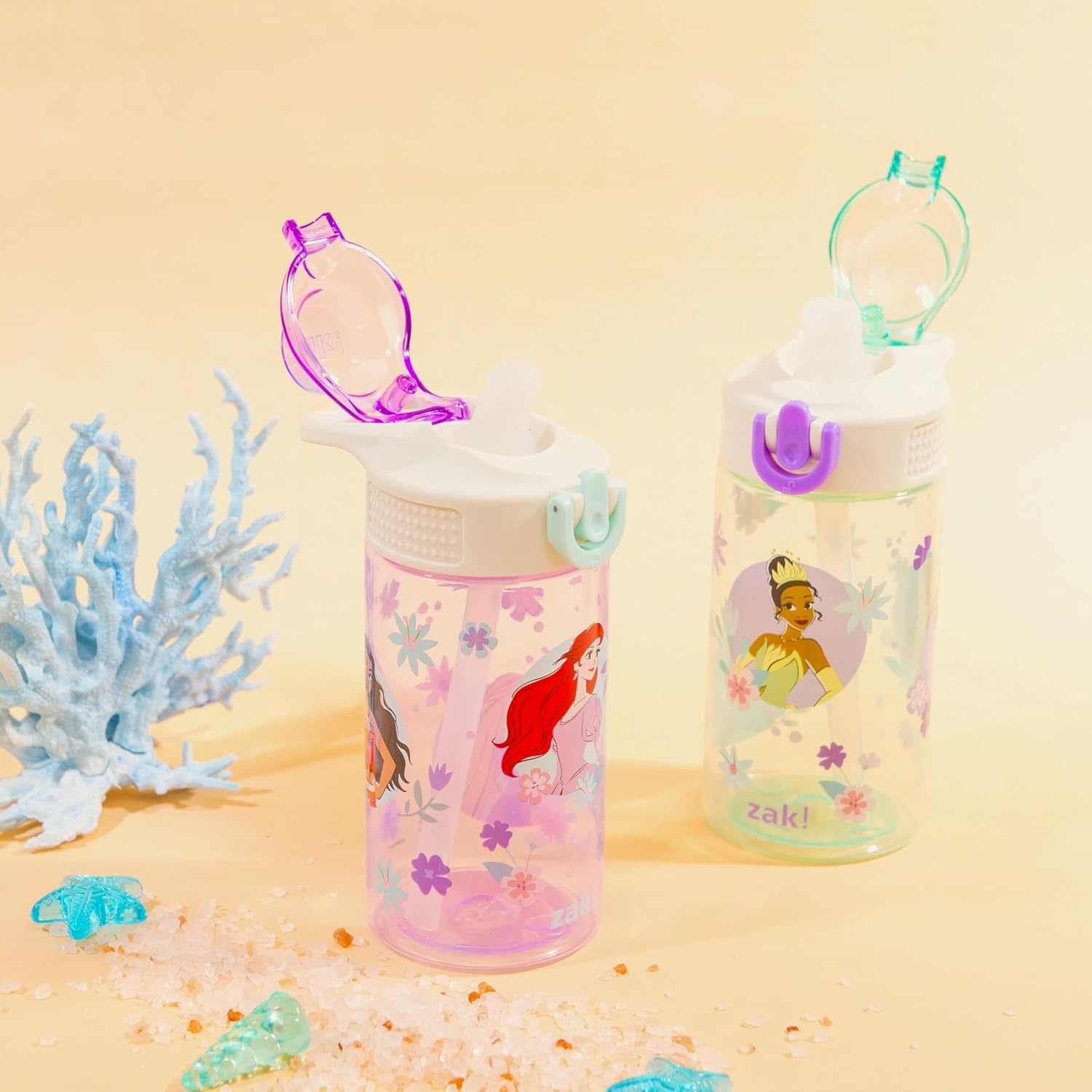 image:imageZak Designs Bluey Sage Kids Water Bottle For School or Travel 16oz Durable Plastic Water Bottle With Straw Handle and LeakProof PopUp Spout Cover 2Pack Set Bluey amp BingoDisney Princess Ariel Cinderella Jasmine Moana Rapunzel Tiana