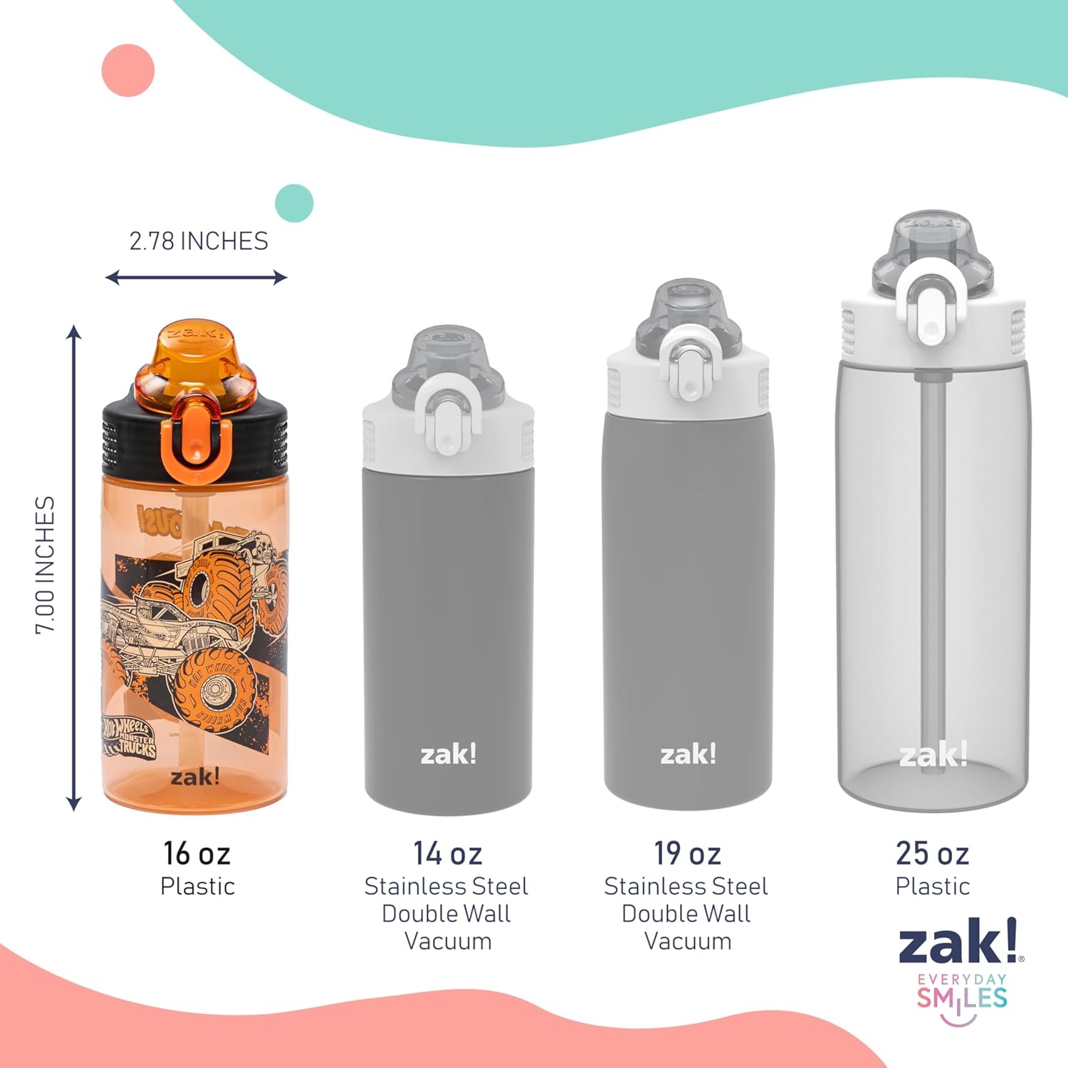image:imageZak Designs Bluey Sage Kids Water Bottle For School or Travel 16oz Durable Plastic Water Bottle With Straw Handle and LeakProof PopUp Spout Cover 2Pack Set Bluey amp BingoHot Wheels Monster Trucks
