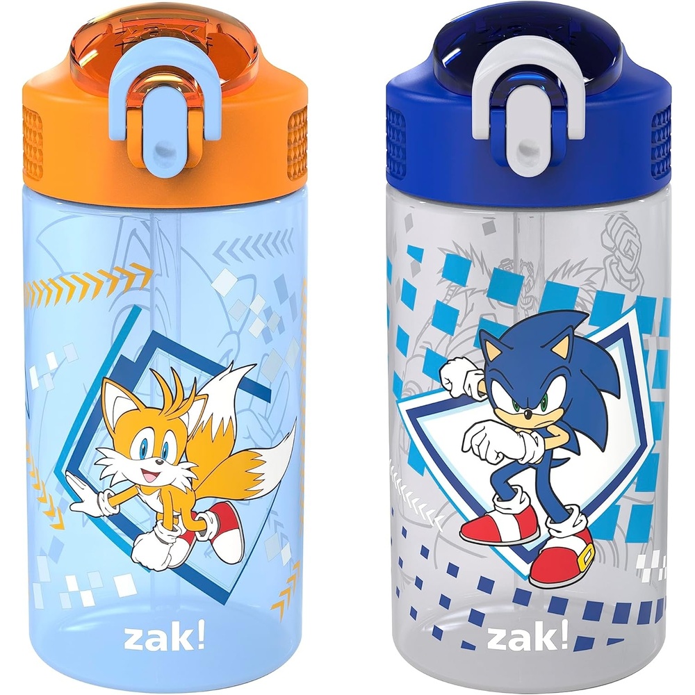 image:imageZak Designs Bluey Sage Kids Water Bottle For School or Travel 16oz Durable Plastic Water Bottle With Straw Handle and LeakProof PopUp Spout Cover 2Pack Set Bluey amp BingoSonic Tails