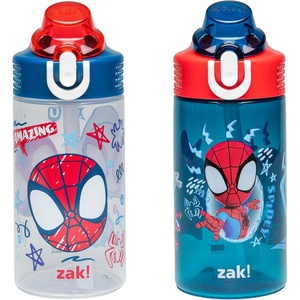 Zak Designs Bluey Sage Kids Water Bottle For School or Travel, 16oz Durable Plastic Water Bottle With Straw, Handle, and Leak-Proof, Pop-Up Spout Cover, 2-Pack Set (Bluey & Bingo)(Spidey and His Amazing Friends)