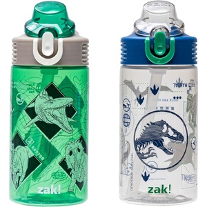 Zak Designs Bluey Sage Kids Water Bottle For School or Travel, 16oz Durable Plastic Water Bottle With Straw, Handle, and Leak-Proof, Pop-Up Spout Cover, 2-Pack Set (Bluey & Bingo)(Jurassic World (Green and Blue))