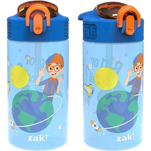 Zak Designs Bluey Sage Kids Water Bottle For School or Travel, 16oz Durable Plastic Water Bottle With Straw, Handle, and Leak-Proof, Pop-Up Spout Cover, 2-Pack Set (Bluey & Bingo)(Blippi 2pk)