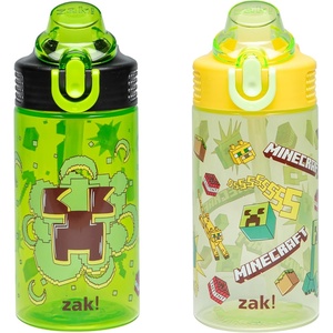 Zak Designs Bluey Sage Kids Water Bottle For School or Travel, 16oz Durable Plastic Water Bottle With Straw, Handle, and Leak-Proof, Pop-Up Spout Cover, 2-Pack Set (Bluey & Bingo)(Minecraft (Creeper))