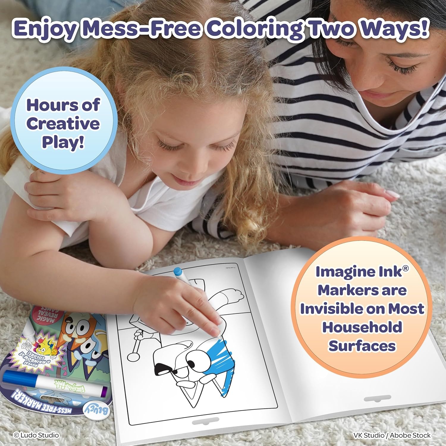 image:imageBendon Official Bluey Imagine Ink Coloring Book Set 2 Pack with MessFree Markers 16 Pages 6 Magic Ink Markers Builtin Storage Case Travel Gift for Kids Ages 3