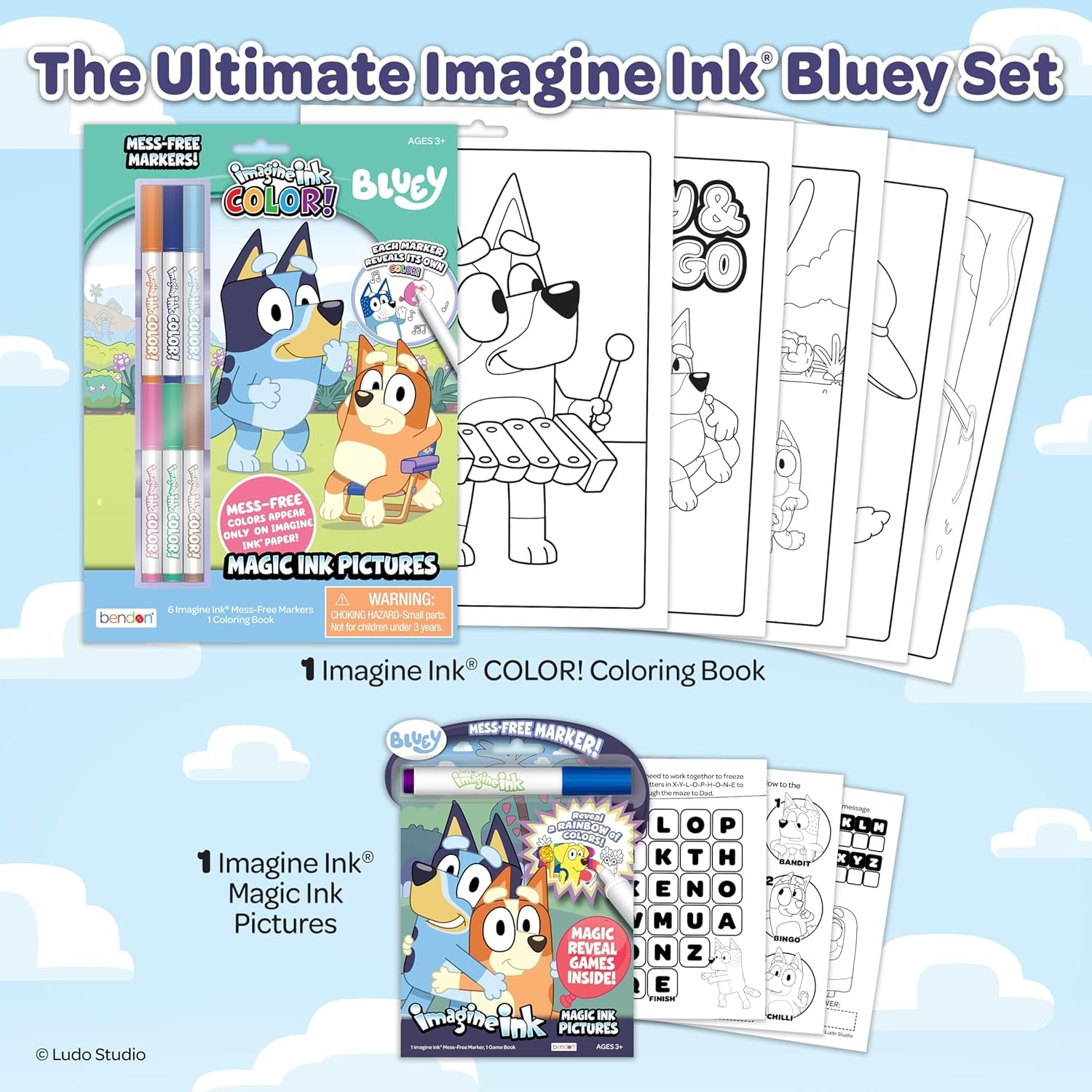 image:imageBendon Official Bluey Imagine Ink Coloring Book Set 2 Pack with MessFree Markers 16 Pages 6 Magic Ink Markers Builtin Storage Case Travel Gift for Kids Ages 3