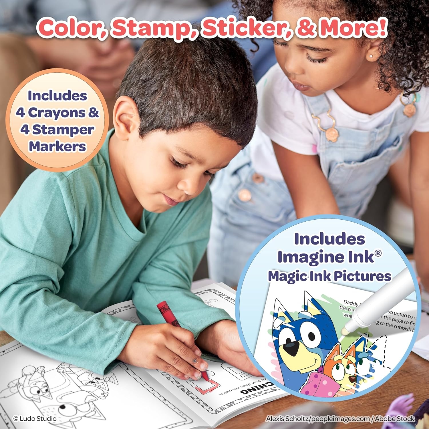 image:imageBluey Coloring Book Bundle for Kids  4Pack Activity Set with Jumbo Coloring Book Crayons Stamper Markers Stickers and MessFree Imagine Ink Magic Pictures Ages 3