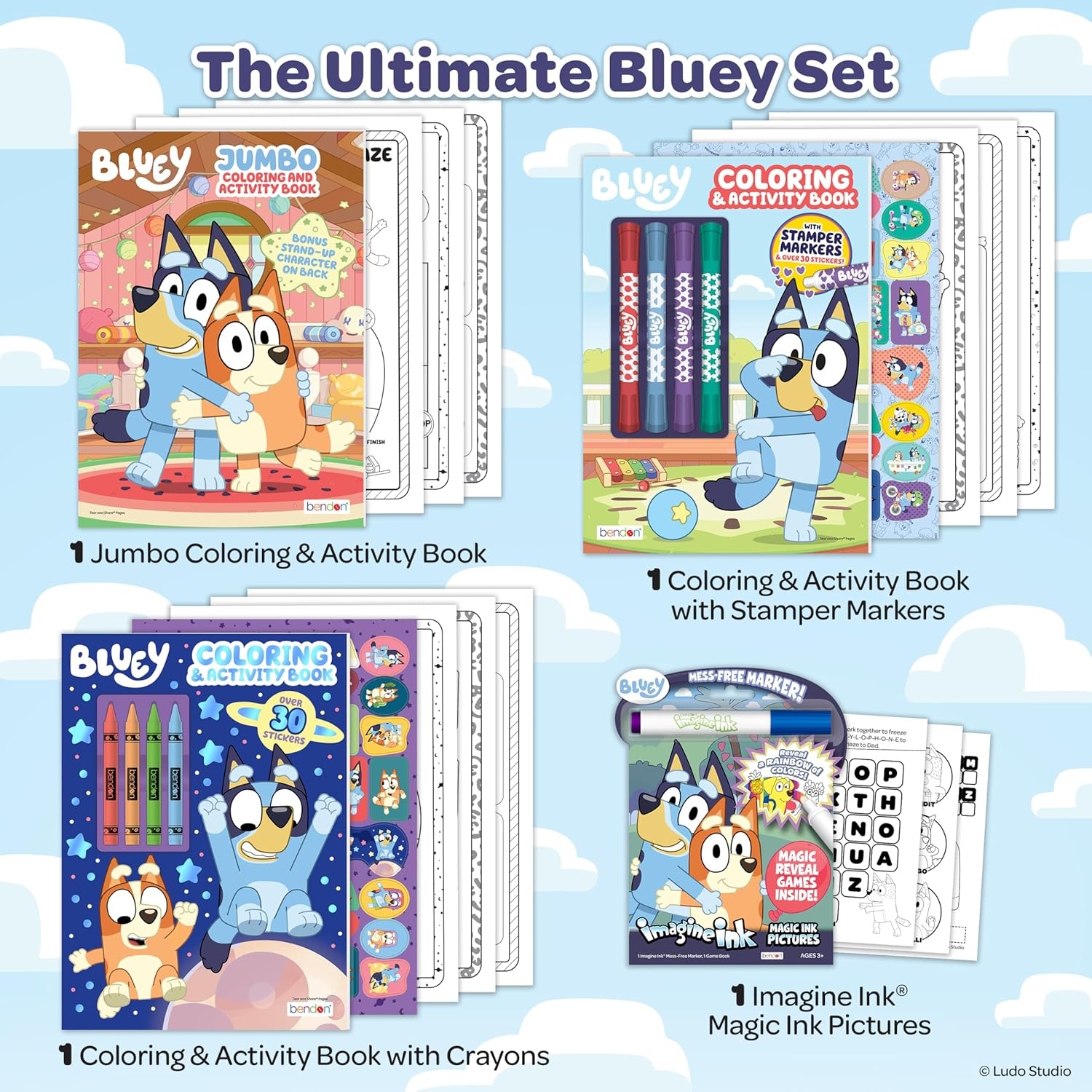 image:imageBluey Coloring Book Bundle for Kids  4Pack Activity Set with Jumbo Coloring Book Crayons Stamper Markers Stickers and MessFree Imagine Ink Magic Pictures Ages 3