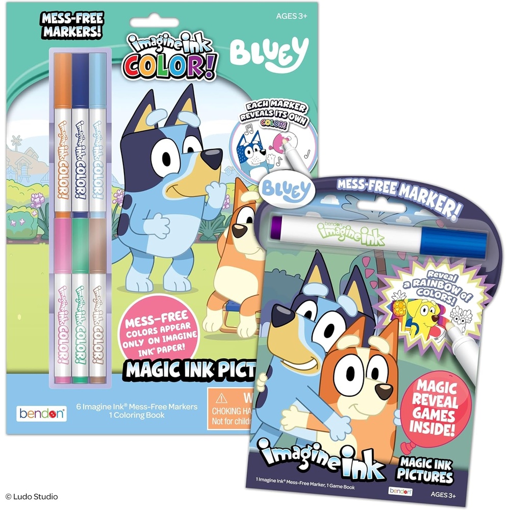 image:imageBendon Official Bluey Imagine Ink Coloring Book Set 2 Pack with MessFree Markers 16 Pages 6 Magic Ink Markers Builtin Storage Case Travel Gift for Kids Ages 3