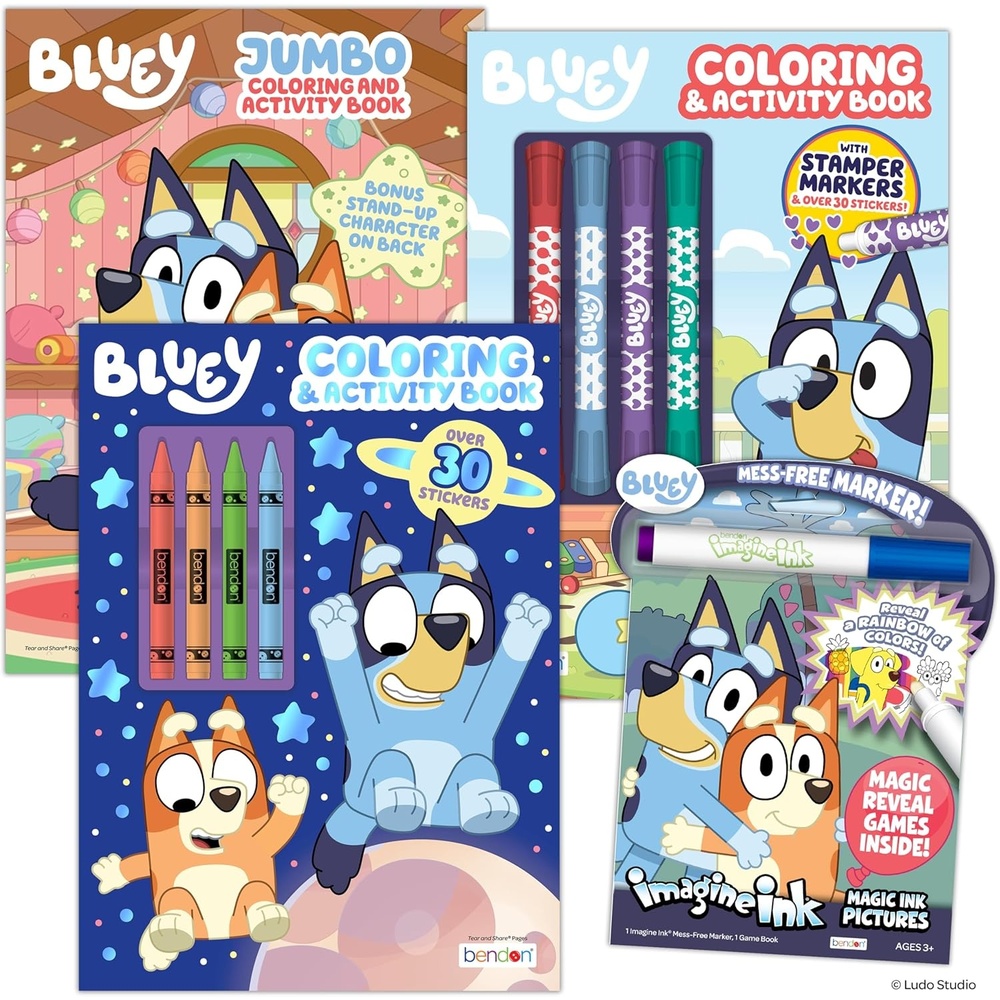 image:imageBluey Coloring Book Bundle for Kids  4Pack Activity Set with Jumbo Coloring Book Crayons Stamper Markers Stickers and MessFree Imagine Ink Magic Pictures Ages 3