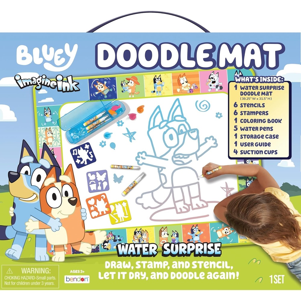 image:imageBluey Imagine Ink Water Surprise Doodle Mat MessFree Reusable Drawing Activity Set Water Pens Stencils Stamps Coloring Book for Kids Ages 3Bluey