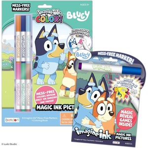 Bendon Official Bluey Imagine Ink Coloring Book Set 2 Pack with Mess-Free Markers, 16 Pages, 6 Magic Ink Markers, Built-in Storage Case, Travel Gift for Kids Ages 3+