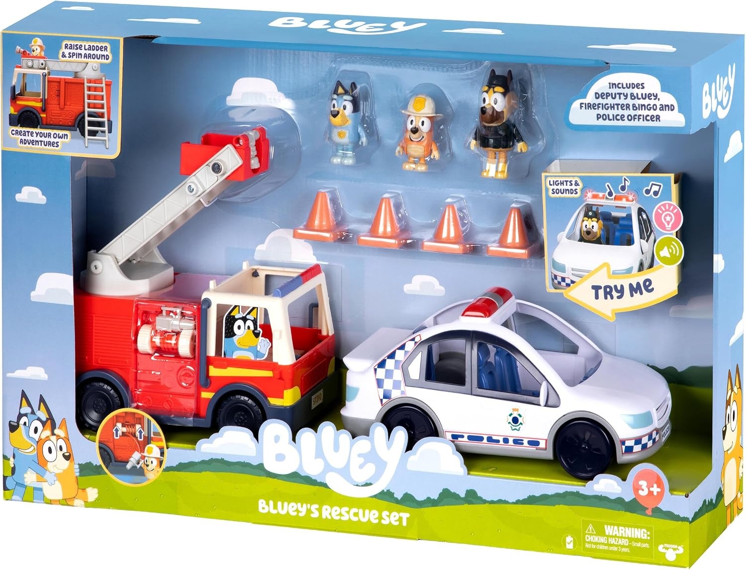 image:imageBLUEY Adventure Plane Airplane Toys Pilot Figure and Accessories Open side with folddown stairs family seating and luggage storage in this airplanes for kids playsetPolice Car Firetruck