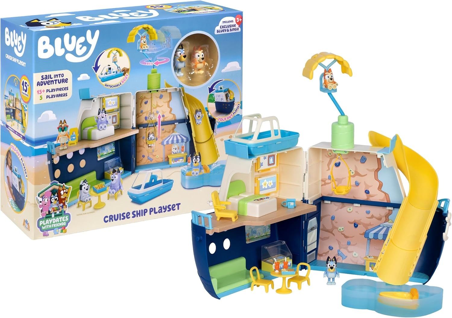 image:imageBluey Cruise Ship Playset Features 5 Play Areas Water Slide Rock Wall Speedboat amp Parasail Includes 15 Accessories Sticker Sheet amp Exclusive Bingo Figures