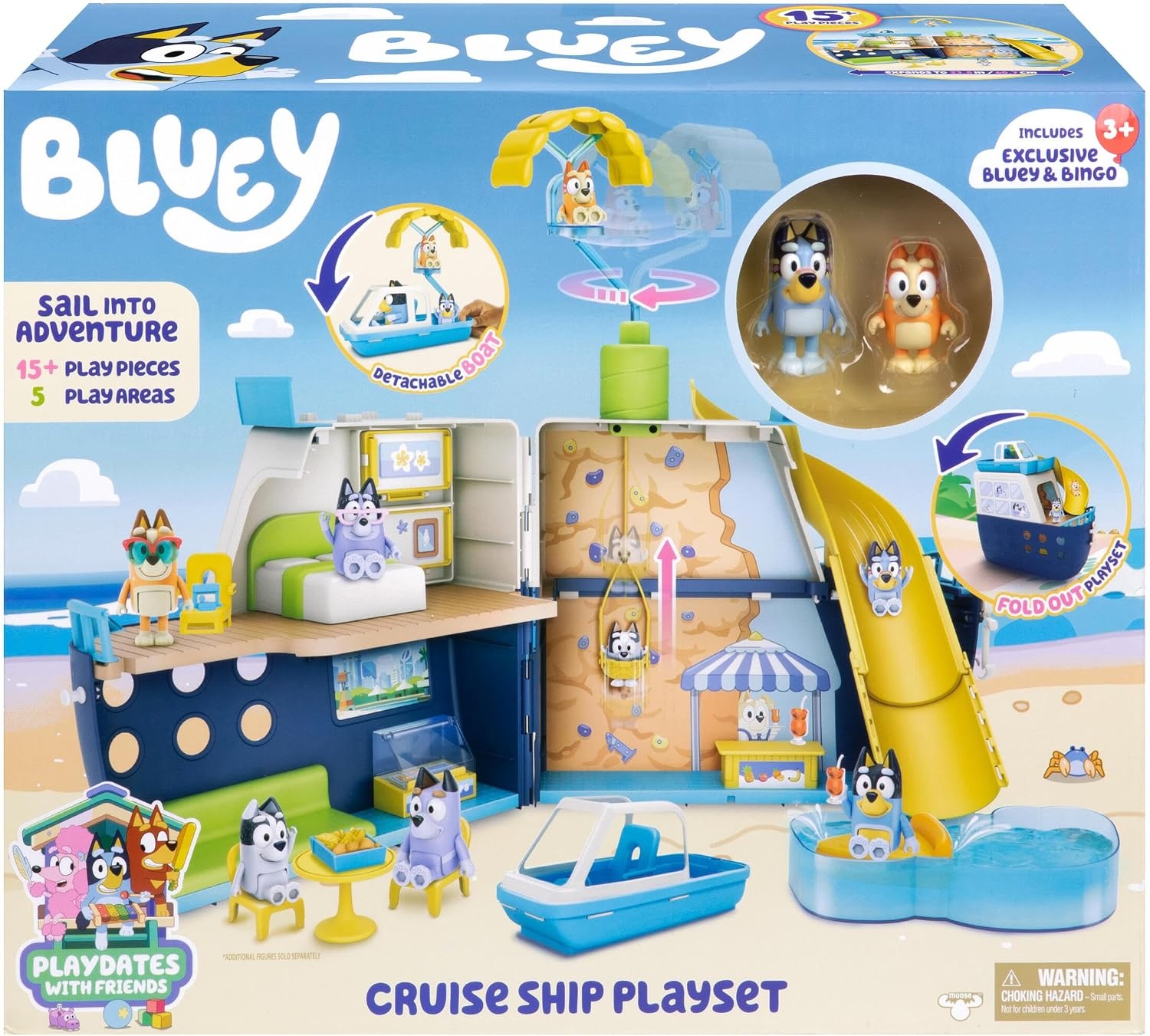 image:imageBluey Cruise Ship Playset Features 5 Play Areas Water Slide Rock Wall Speedboat amp Parasail Includes 15 Accessories Sticker Sheet amp Exclusive Bingo Figures