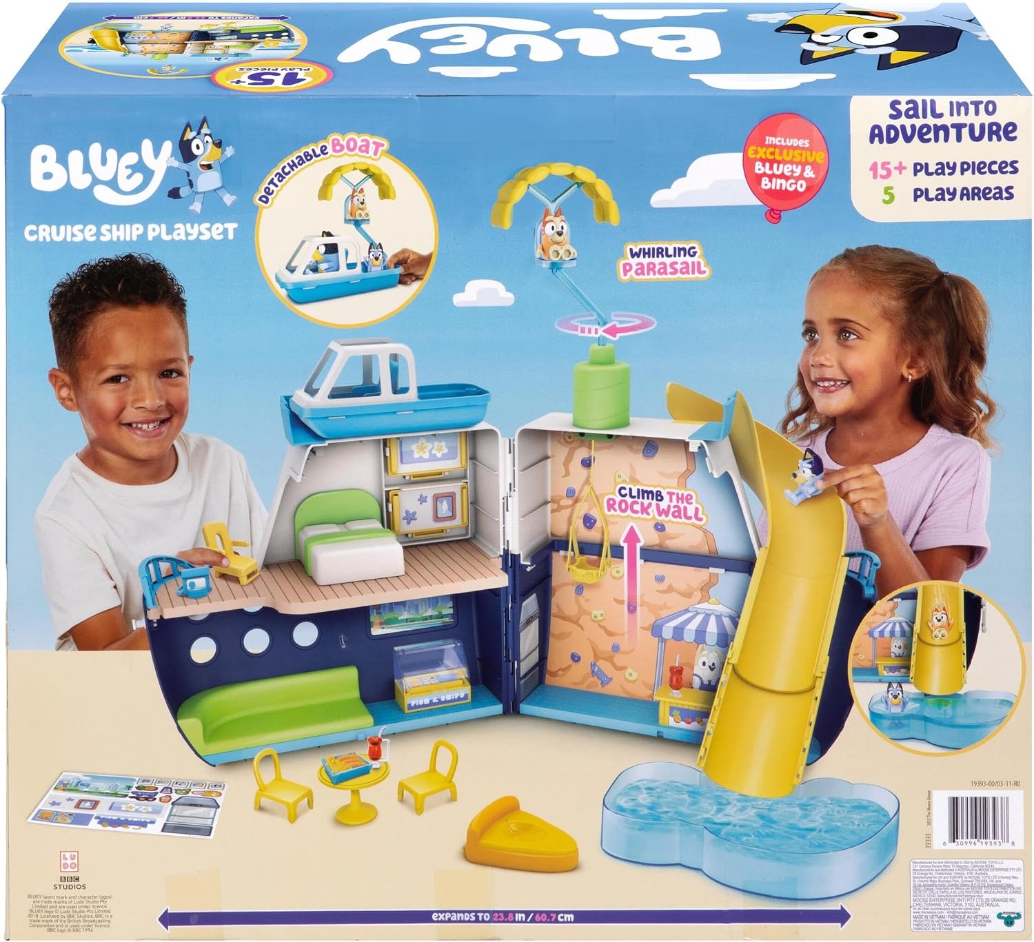 image:imageBluey Cruise Ship Playset Features 5 Play Areas Water Slide Rock Wall Speedboat amp Parasail Includes 15 Accessories Sticker Sheet amp Exclusive Bingo Figures