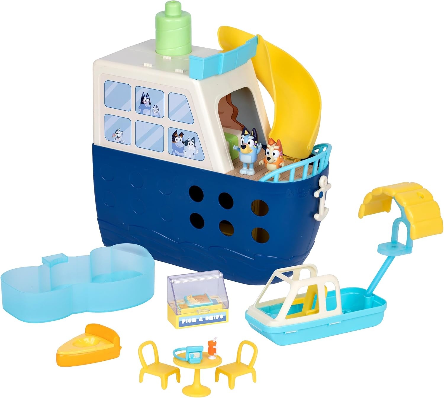 image:imageBluey Cruise Ship Playset Features 5 Play Areas Water Slide Rock Wall Speedboat amp Parasail Includes 15 Accessories Sticker Sheet amp Exclusive Bingo Figures