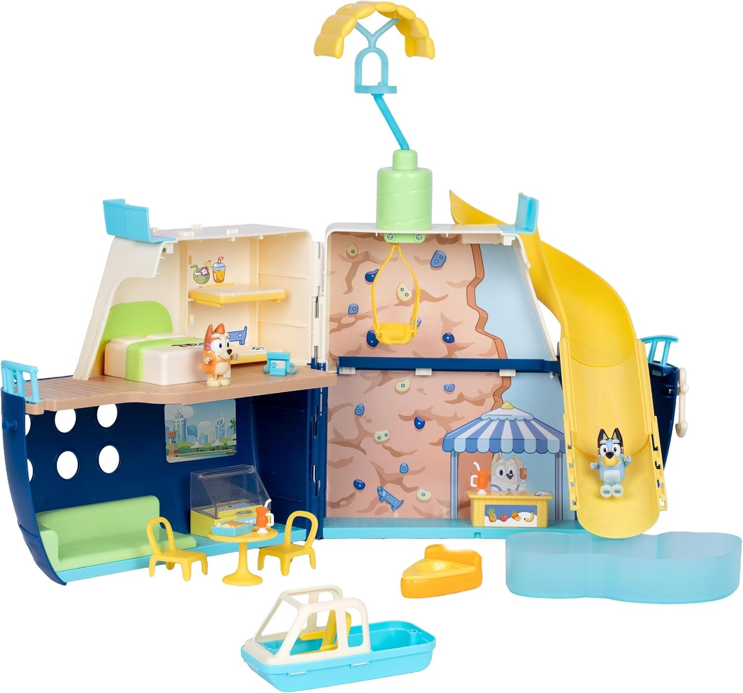 image:imageBluey Cruise Ship Playset Features 5 Play Areas Water Slide Rock Wall Speedboat amp Parasail Includes 15 Accessories Sticker Sheet amp Exclusive Bingo Figures