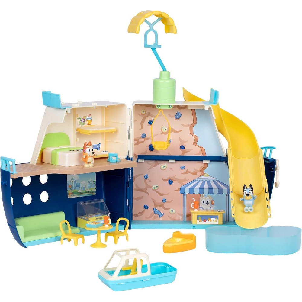 image:imageBLUEY Cruise Ship Playset with Slide 15 Accessories 2 Figures Opens to 238 inches wide with 5 play areas detachable speedboat parasail and sticker sheet for doll playsets