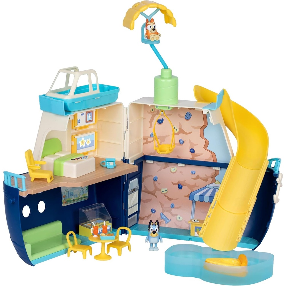 image:imageBluey Cruise Ship Playset Features 5 Play Areas Water Slide Rock Wall Speedboat amp Parasail Includes 15 Accessories Sticker Sheet amp Exclusive Bingo Figures