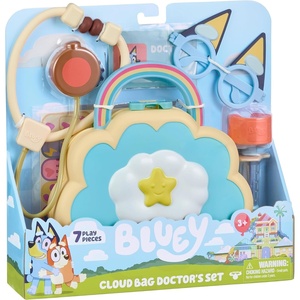 Bluey Shopping Basket, 9 Grocery Accessories, Toddler Pretend Play | Foldable handles sized for little hands, shopping list included; roleplay toy for kids ages 3+(Cloud Bag Doctor’s Set)
