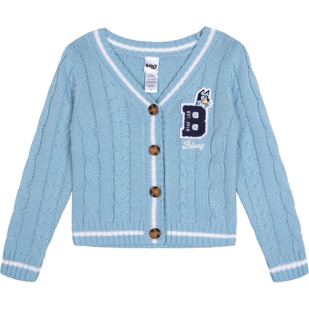 image:imageBluey Girls VNeck Letterman Cardigan Sweater Toddler to Big Kid Sizes 2T 1416Bluey Sky Blue